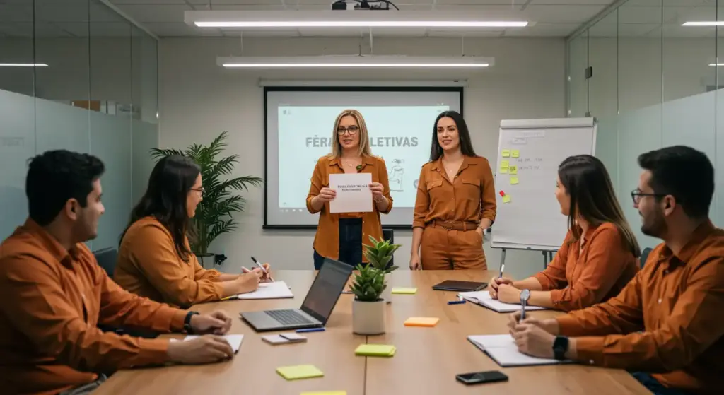 Reunião de equipe discutindo férias coletivas, regras, cálculo, prazos e funcionamento em relatório na apresentação.
