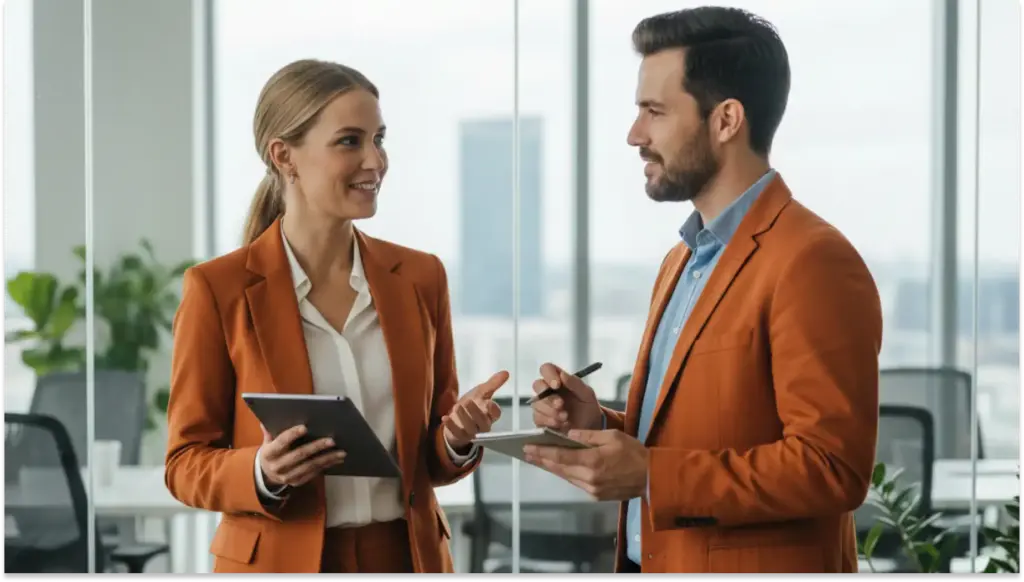 Imagem de um homem e uma mulher de negócios conversando em uma reunião no escritório, ambos usando roupas formais de tom marrom, com fundo de janelas e plantas.