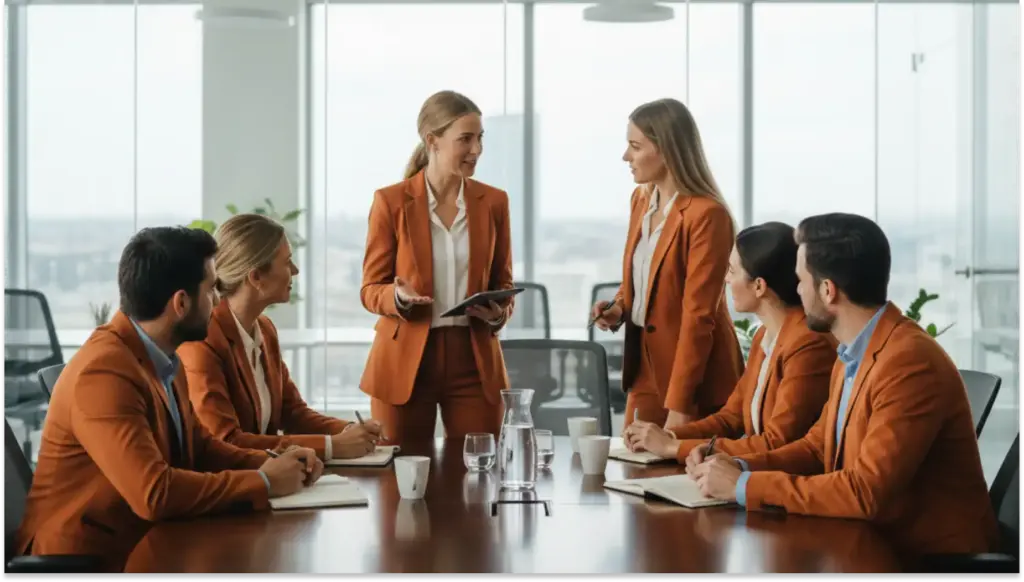 Reunião de negócios com seis profissionais femininas e masculinos em uma sala moderna, discutindo estratégias e planejando projetos.