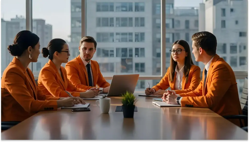 Reunião de Planejamento estratégico com profissionais de escritório usando roupas laranja, discutindo estratégias em uma sala moderna com janelas de vidro e vista para prédios.