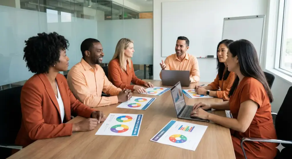 Reunião de equipe com profissionais analisando perfil comportamental e tipos no RH, utilizando gráficos e laptop em ambiente moderno.