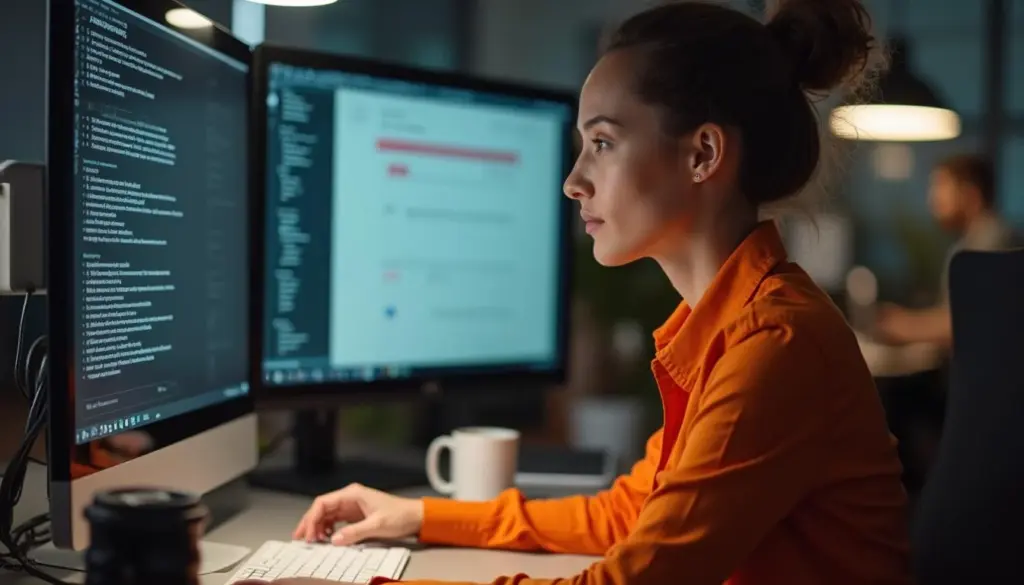 Mulher focada trabalhando em escritório com dois monitores, ilustrando o tema "Trabalho intermitente: regras, direitos e como funciona" falando sobre esse tipo de contrato de trabalho.