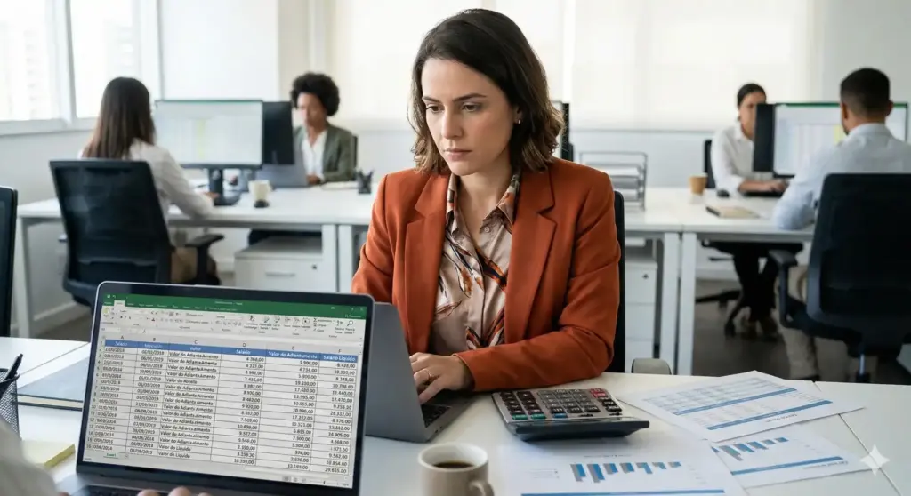 Mulher de negócios analisando planilhas financeiras no escritório, ilustrando o conceito de adiantamento salarial