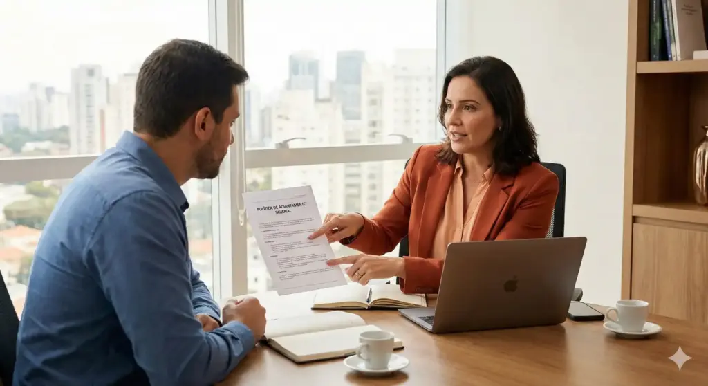 Consulta de adiantamento salarial entre empregador e empregado em escritório moderno com janelas grandes e vista da cidade ao fundo.