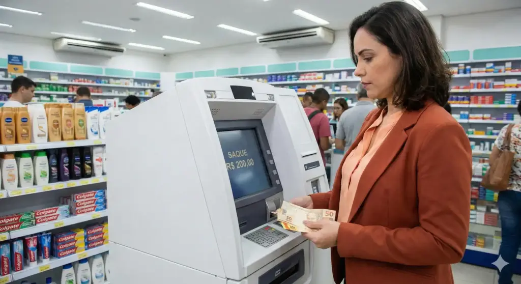 Mulher usando caixa eletrônico em farmácia, ilustrando o conceito de adiantamento salarial, regras da CLT e funcionamento do benefício.