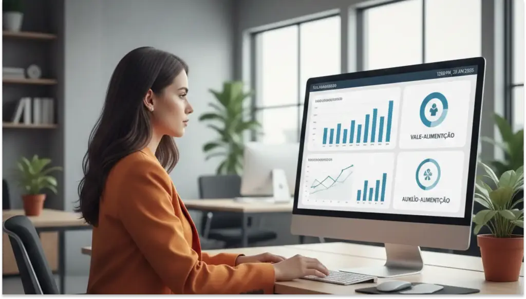 Mulher analisa dados em computador com gráficos e indicadores relacionados ao tema 'Vale-Alimentação' e 'Auxílio-Alimentação' em ambiente de escritório moderno.