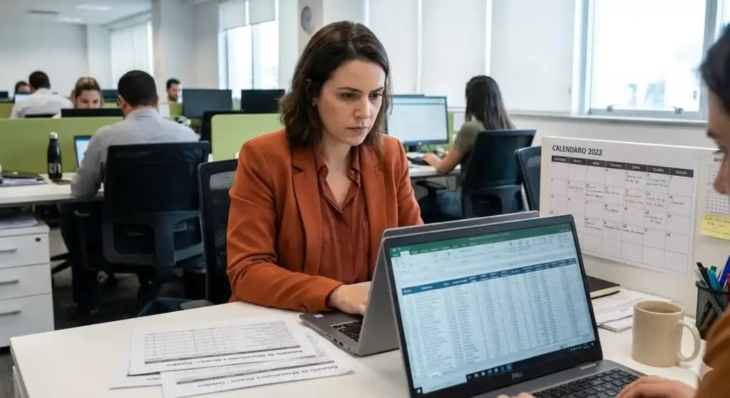 Mulher trabalhando em escritório com computadores, calendário e documentos, exemplificando controle de assiduidade no trabalho.