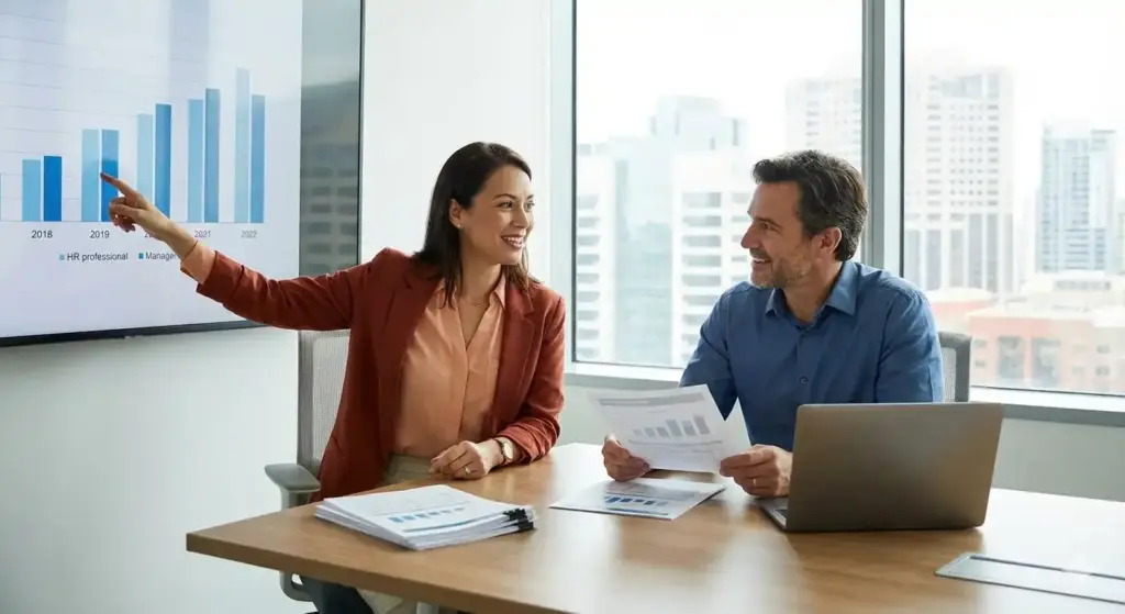 Duas pessoas discutindo sobre assiduidade no trabalho em uma reunião de negócios, com gráficos de desempenho na tela, no contexto de controle e cálculo.
