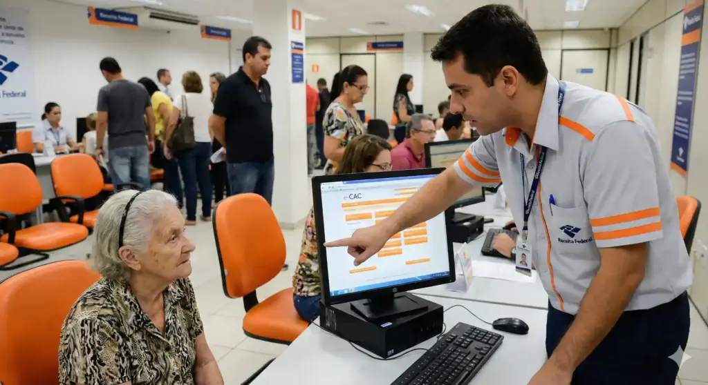 Atendente explica funcionamentos do e-CAC para uma cliente idosa em uma agência bancária, destacando a importância de acessar o portal para consultar e fazer procedimentos fiscais.