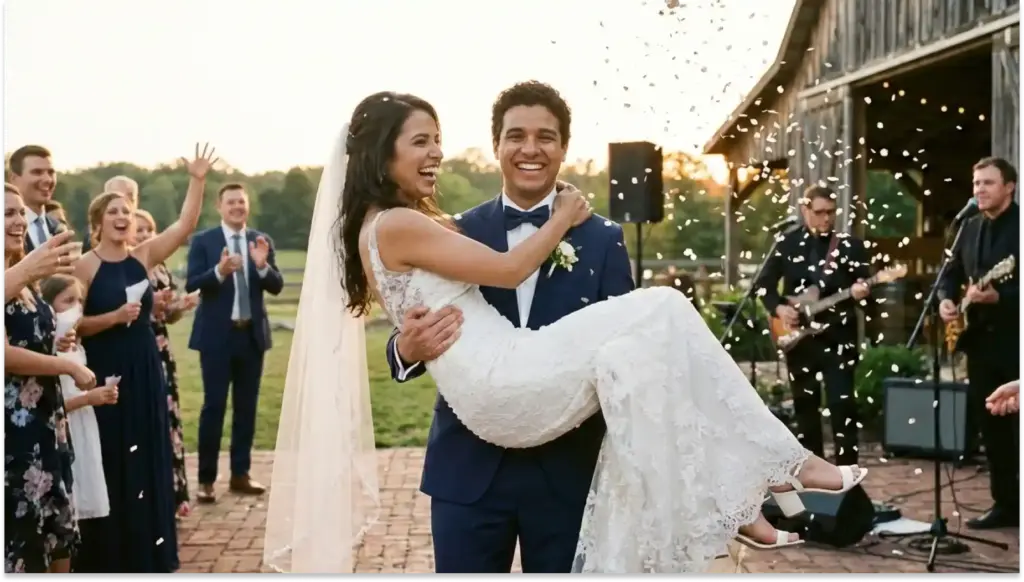 Casal de noivos comemorando casamento ao ar livre com amigos e banda ao fundo, com o noivo carregando a noiva, em momento de alegria e celebração.