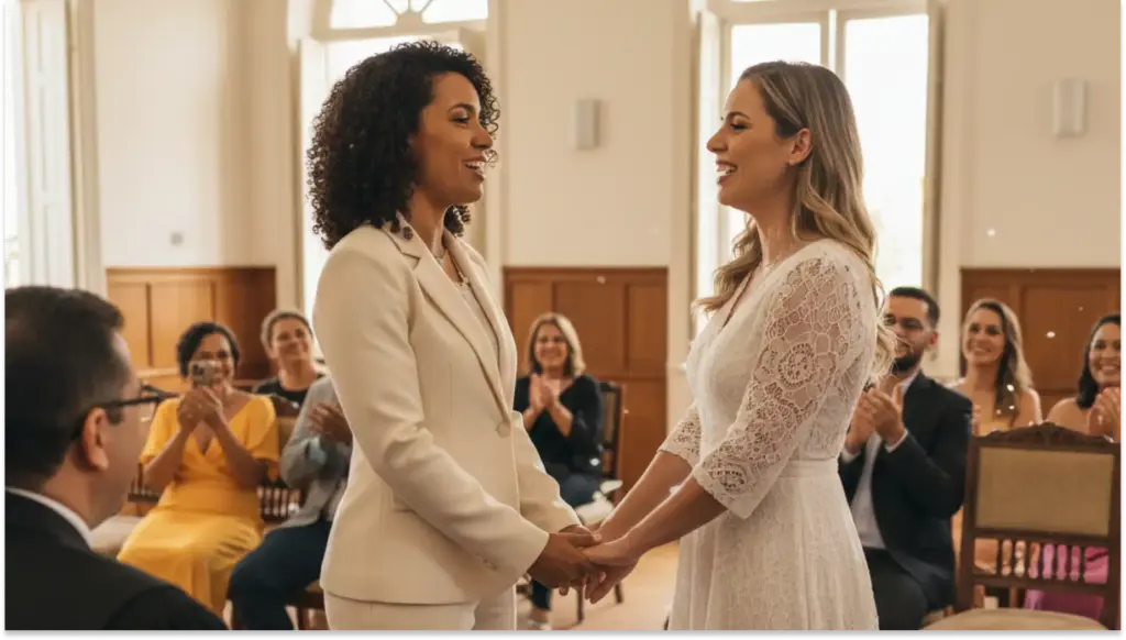 Casamento entre duas mulheres com testemunhas sorrindo em um ambiente alegre e acolhedor. Celebrando o amor e a união de forma emocionante.