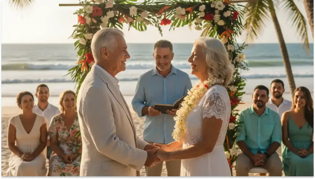 Casamento na praia com idosos trocando alianças sob um arco florido, cercados por amigos sorridentes, com o mar ao fundo ao pôr do sol.