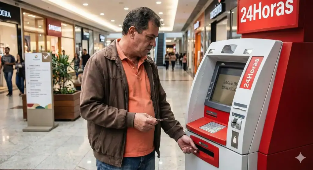 Homem consultando informações no caixa eletrônico do PIS 2026 em shopping, orientado a saber quem tem direito e como consultar o benefício.