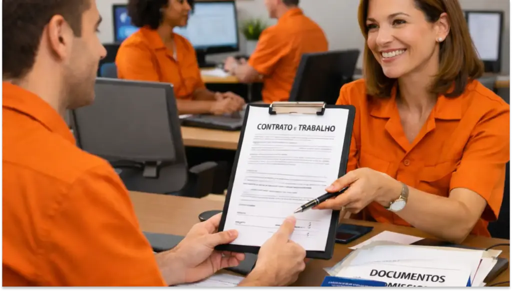 Mulher sorridente entregando contrato de trabalho a uma pessoa durante entrevista de emprego com colegas ao fundo em um escritório