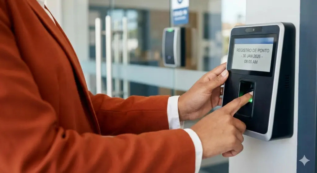 Imagem de uma pessoa utilizando sistema de ponto eletrônico no trabalho, ilustrando controle de assiduidade para otimizar a gestão de frequência.