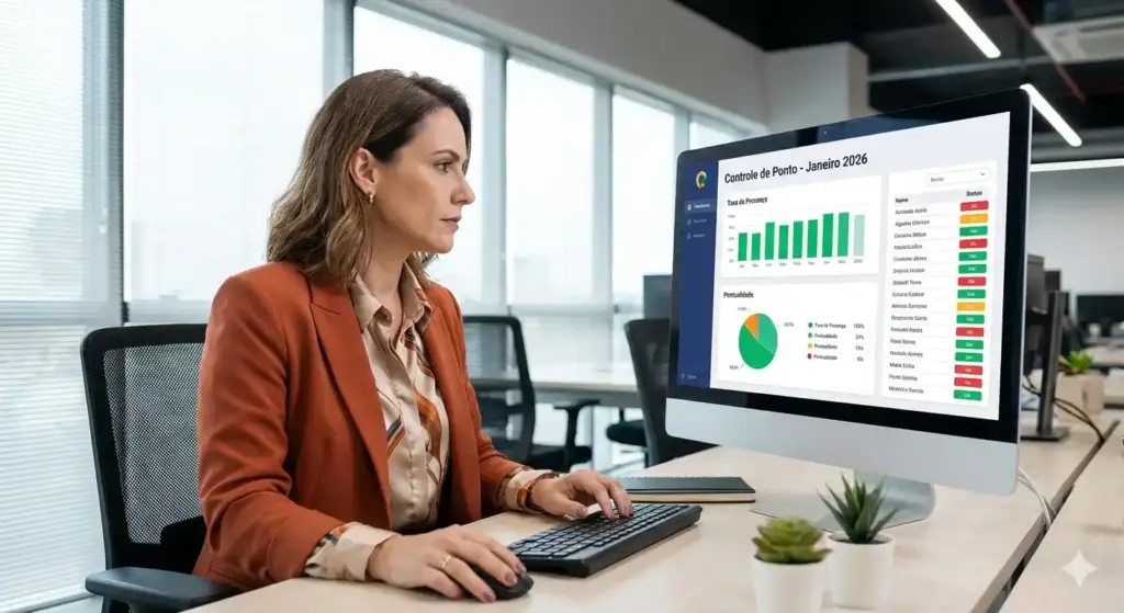 Mulher analisando dados de controle de ponto em computador para otimizar a assiduidade no trabalho