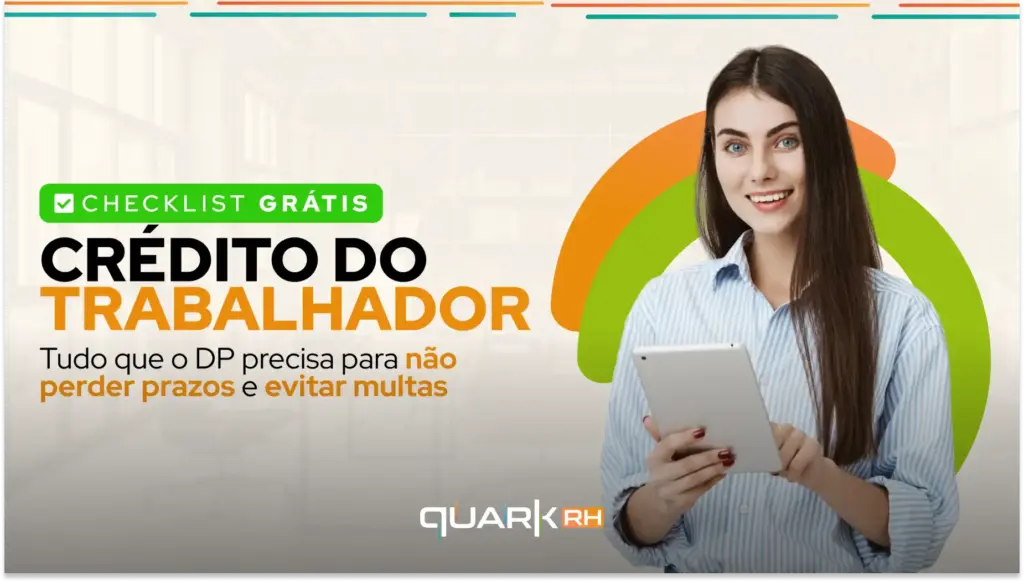 Infográfico sobre o crédito do trabalhador com dicas para evitar multas e perder prazos, incluindo imagens de uma mulher usando celular e elementos gráficos coloridos.