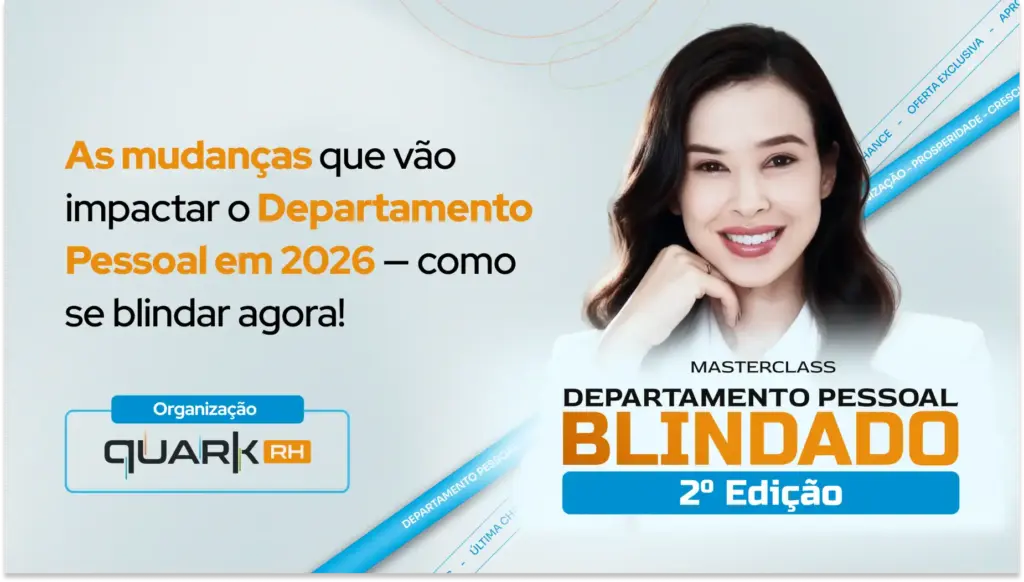 Imagem promocional de curso sobre mudanças no Departamento Pessoal em 2026, destaque para a palavra-chave 'DP blindado 2 edição', com mulher sorridente ao lado.