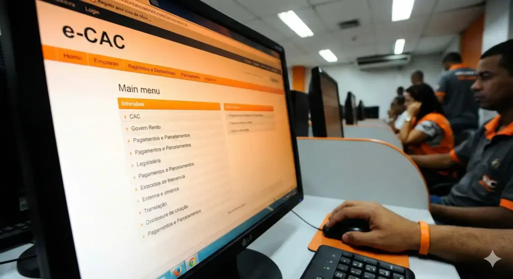 Imagem de um computador com a tela do portal e-CAC, mostrando o menu principal, sendo utilizado por uma pessoa. Ambiente de escritório com outros computadores e pessoas ao fundo.