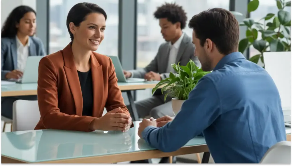 Mulher de negócios sorridente participando de uma entrevista de emprego em uma conferência moderna, com equipe em segundo plano, ambiente profissional.
