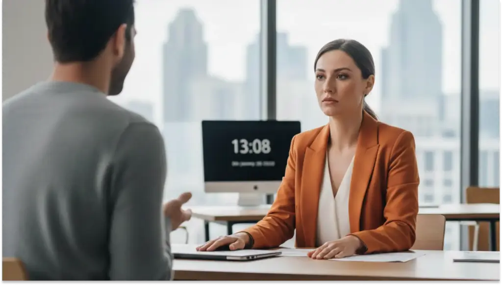 Entrevista de emprego em escritório moderno, com uma mulher séria e profissional usando blazer laranja, diante de um entrevistador, com computador ao fundo.