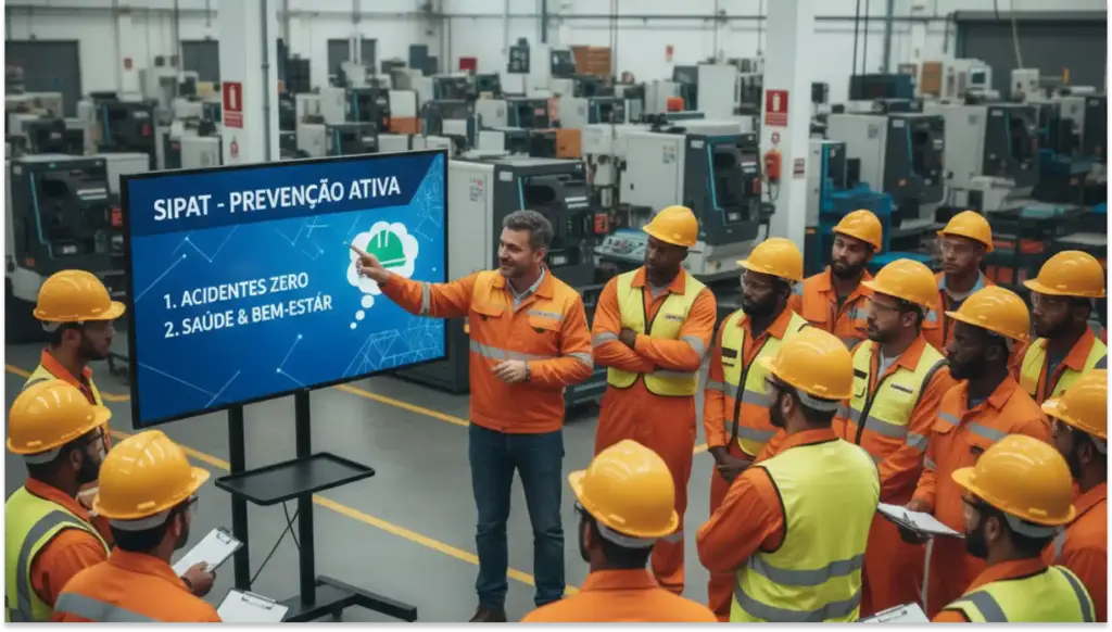 Equipe de trabalhadores em treinamento participando de uma aula sobre SIPAT - prevenção ativa, acidentes zero e saúde no ambiente industrial