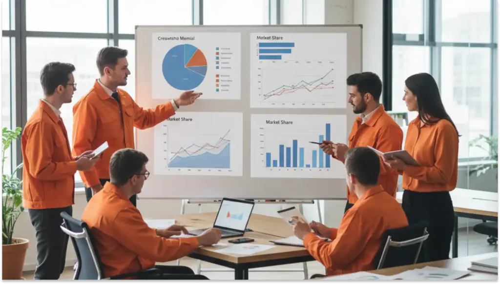 Equipe de profissionais apresentando gráficos de mercado e dados de vendas em reunião de negócios, destacando gráficos de barras e linhas.