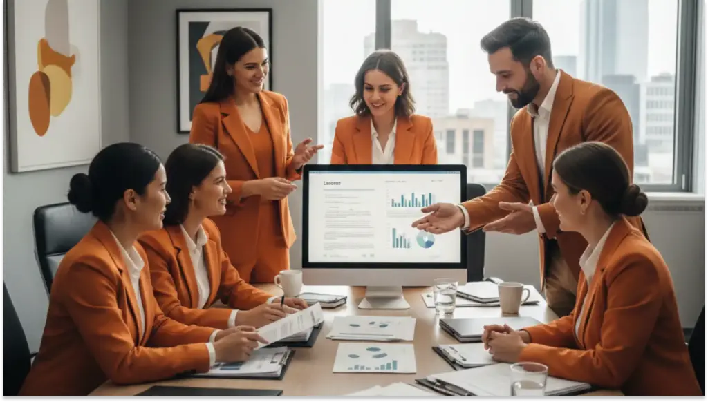 Equipe de profissionais de negócios em reunião estratégica discutindo gráficos e dados em ambiente de escritório moderno para potencializar negócios.