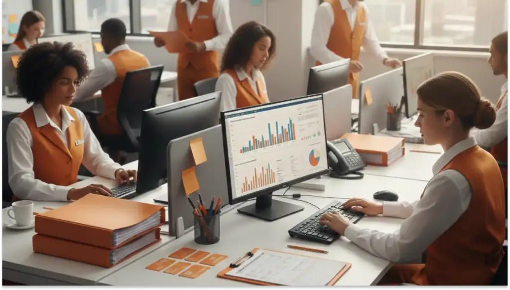 Equipe de profissionais trabalhando em escritório com computadores, gráficos e documentos, promovendo produtividade e colaboração no ambiente de trabalho.