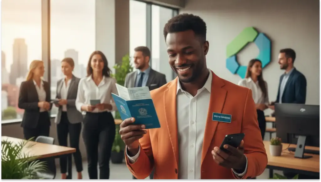 Executivo sorridente usando celular e lendo documento em ambiente de escritório com equipe ao fundo, destacando profissionalismo e trabalho em equipe.