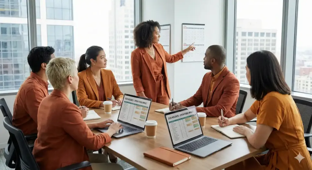 Reunião de RH com equipe discutindo calendário de feriados 2026 e seus impactos na gestão de pessoas e folha de pagamento.