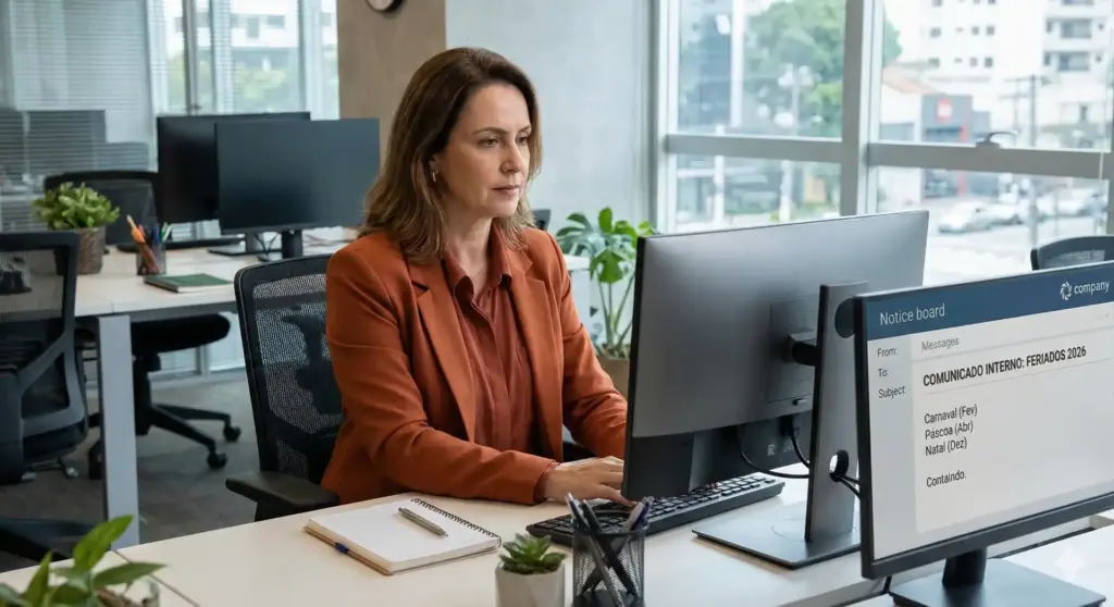 Mulher trabalhando no escritório com foco na tela de aviso sobre feriados 2026 e impactos para RH e DP, tema importante para planejamento empresarial em 2026.