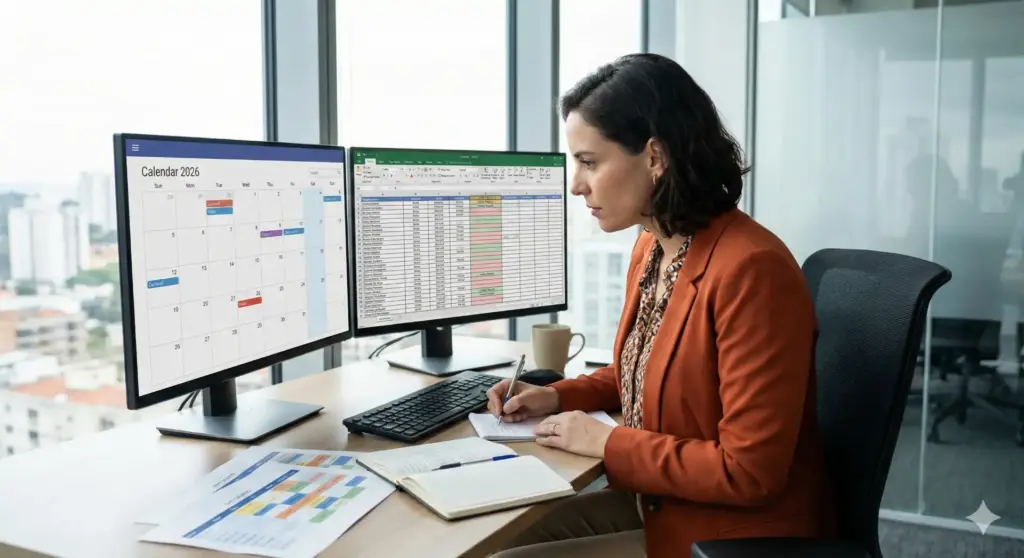 Profissional de RH analisando calendário de feriados 2026 em dois monitores para planejamento estratégico de RH e impacto no departamento de pessoal.