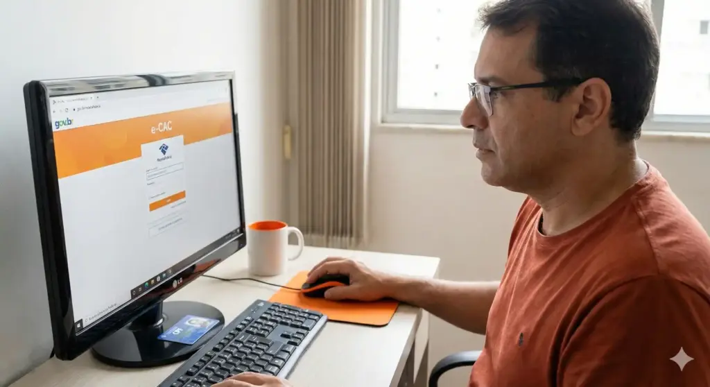 Homem acessando o portal e-CAC no computador para verificar informações fiscais do Governo Federal, com foco na palavra-chave e-CAC: o que é, para que serve e como acessar o portal.