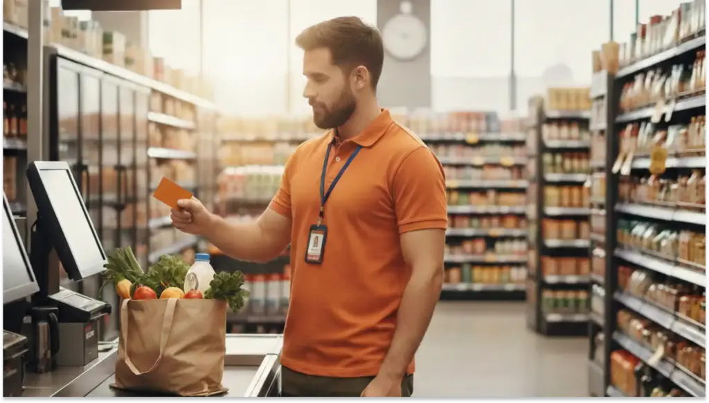 Homem fazendo compra em supermercado com cartão de crédito, segurando uma sacola com itens frescos, em prateleiras de produtos variados ao fundo.