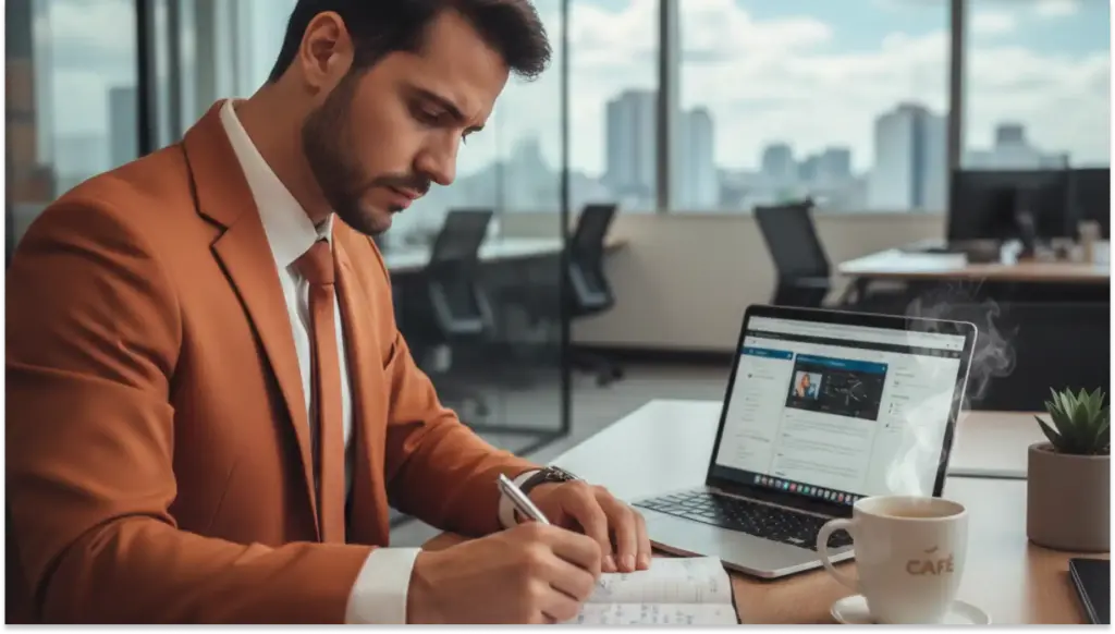 Homem de terno marrom trabalhando em uma mesa de escritório com notebook, caneta e caderno, em ambiente corporativo com vista urbana ao fundo, ideal para otimização de conteúdo sobre empreendedorismo.