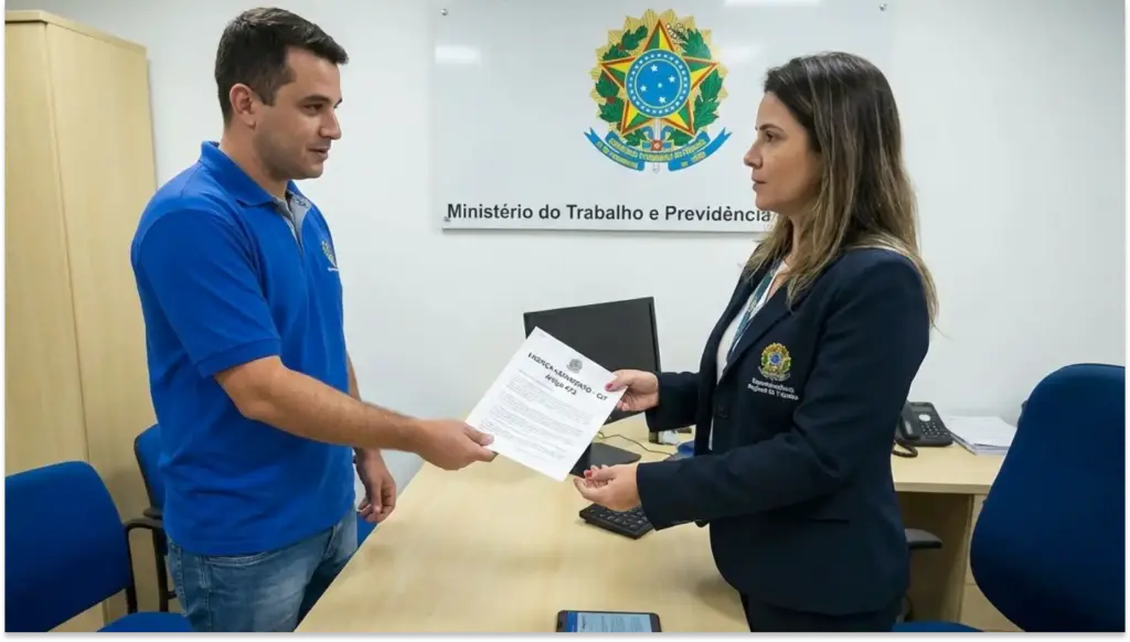 Homem recebendo documento de uma funcionária no Ministério do Trabalho e Previdência, ambiente oficial, foco na troca de papéis