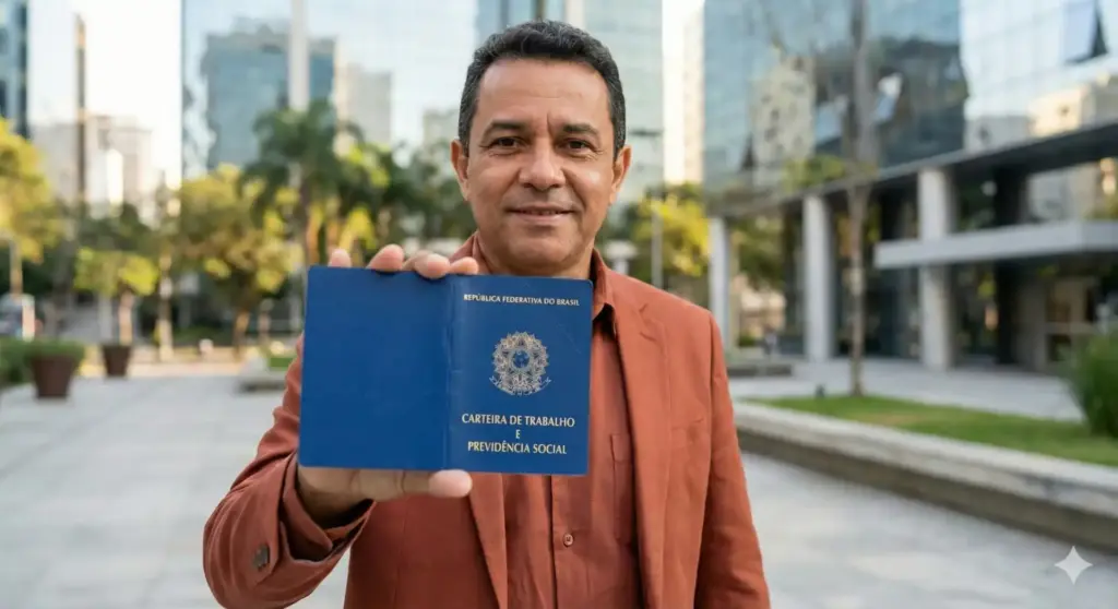 Homem segurando carteira de trabalho e previdência social em ambiente urbano, relacionado ao PIS 2026: quem tem direito e como consultar.
