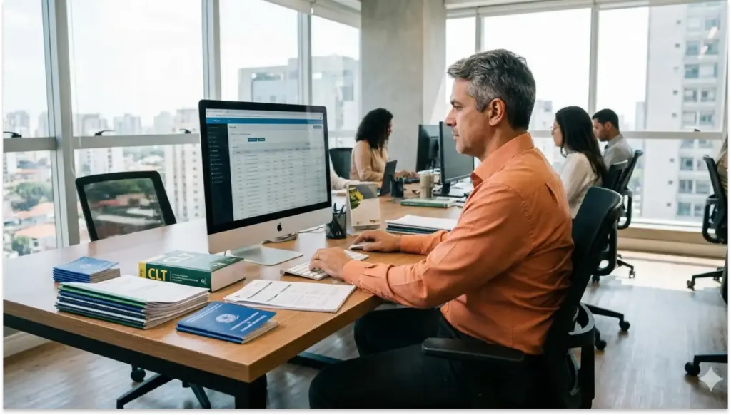Homem trabalhando em escritório com computador, colegas ao fundo, ambiente moderno e bem iluminado com vista para a cidade