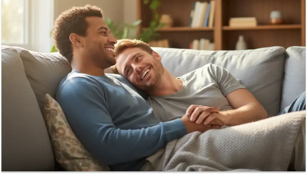 Homem e Homem felizes no sofá, sorrindo e se abraçando, demonstrando carinho e amizade em um ambiente acolhedor, ideal para celebrar amor e companheirismo.