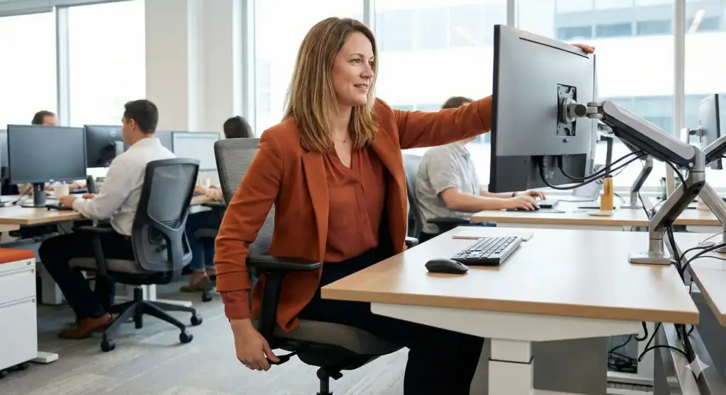 Imagem de uma mulher ajustando a altura de uma parede de monitor em um escritório moderno, ilustrando boas práticas de ergonomia e aplicação da NR-17 na empresa.