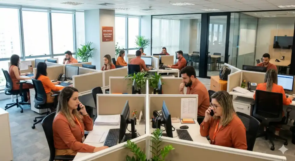 Imagem de um escritório com funcionários trabalhando em computadores durante um feriado, ilustrando regras da CLT e mudanças em 2026 no trabalho aos feriados.