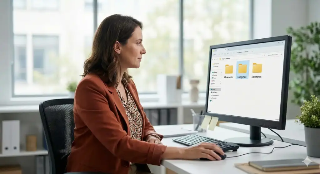 Mulher no escritório acessando arquivos digitais em seu computador, representando direitos de licença nojo, duração e quem tem direito.