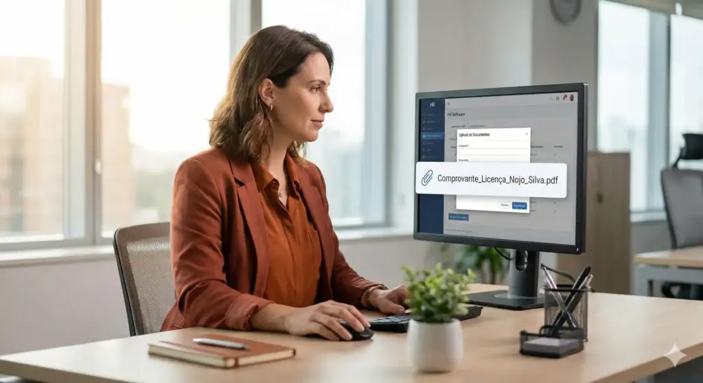 Mulher utilizando computador no escritório com destaque para o arquivo de licença nojo.