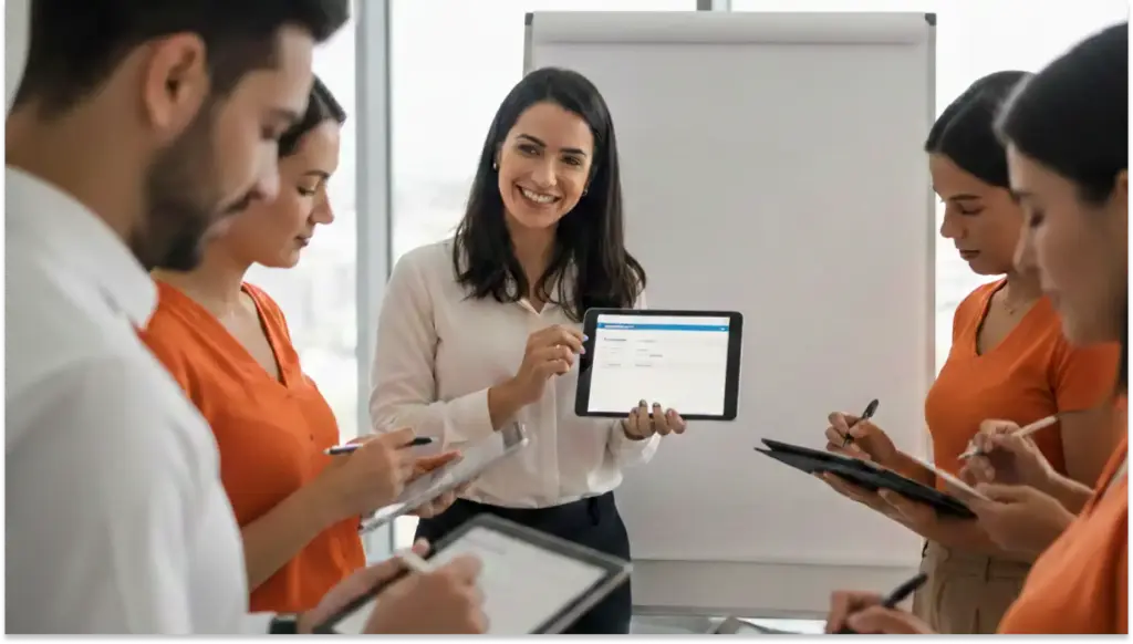 Mulher apresentando uma apresentação empresarial usando um tablet para um grupo de colegas em uma reunião corporativa, com expressão amigável e confiante, em ambiente de escritório.