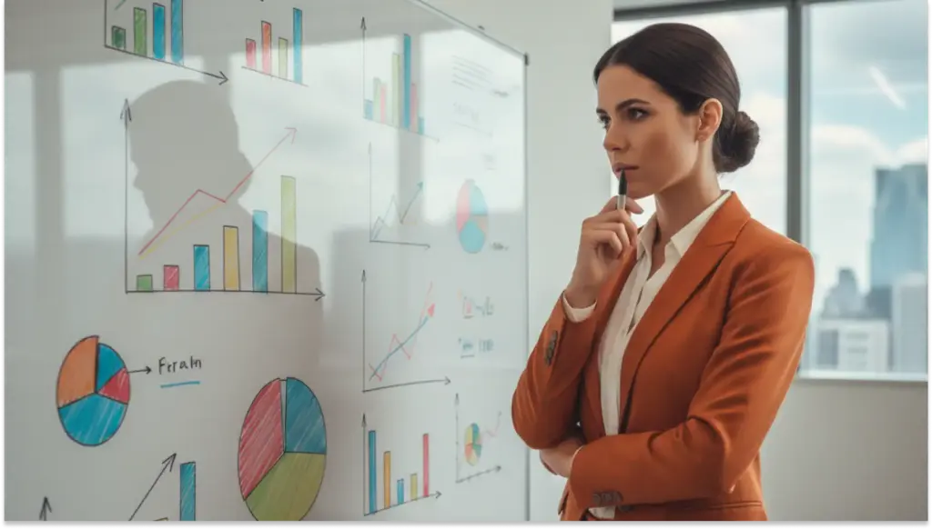 Mulher de negócios analisando gráficos e dados em uma sala de reuniões moderna, com destaque para crescimento e análise de mercado.