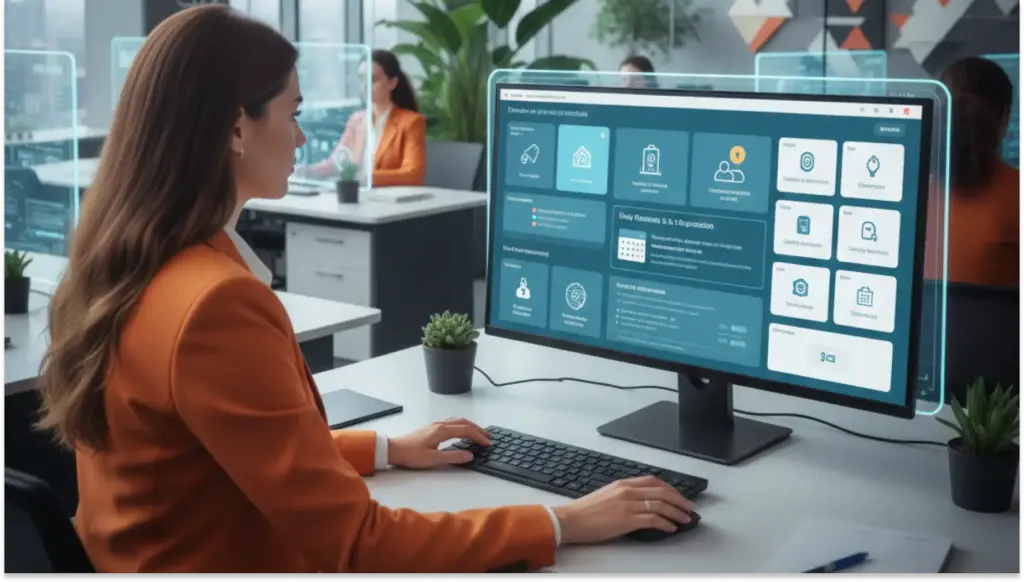 Mulher trabalhando em escritório moderno utilizando computador com tela que exibe interface de sistema de gestão digital, ambiente de trabalho com plantas e outras pessoas ao fundo.