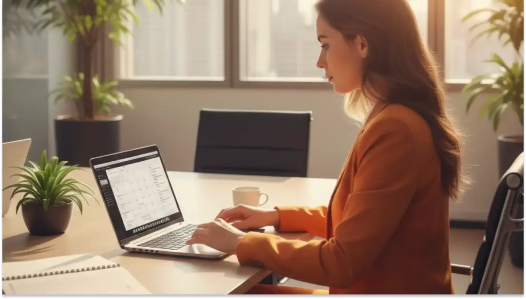 Mulher empresária sentada à mesa de escritório usando laptop na manhã com luz natural, ambiente profissional com plantas verdes e vista urbana ao fundo