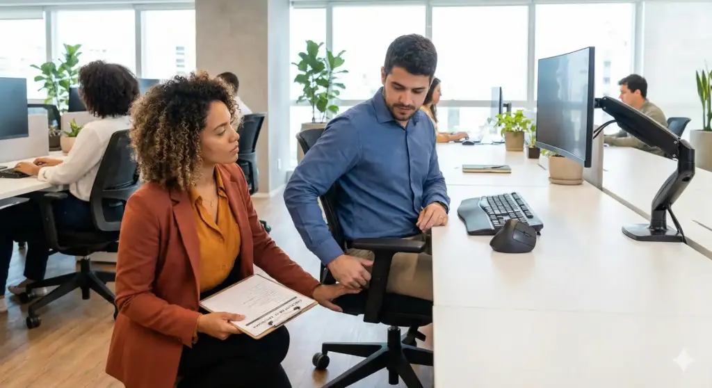 Empregada explicando regras de ergonomia da NR-17 para o trabalhador em um ambiente de escritório, destacando a importância da aplicação na empresa.