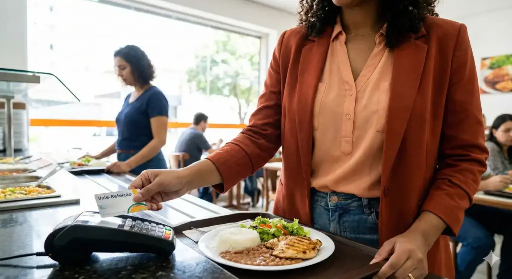 Pessoa usando vale-refeição para pagar sua refeição em restaurante, ilustrando regras, valor e funcionamento do benefício para CLT.